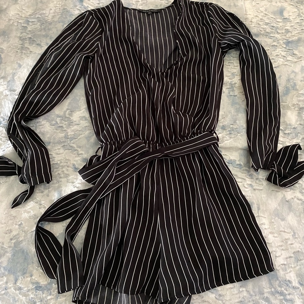 Black and White striped Romper with belt